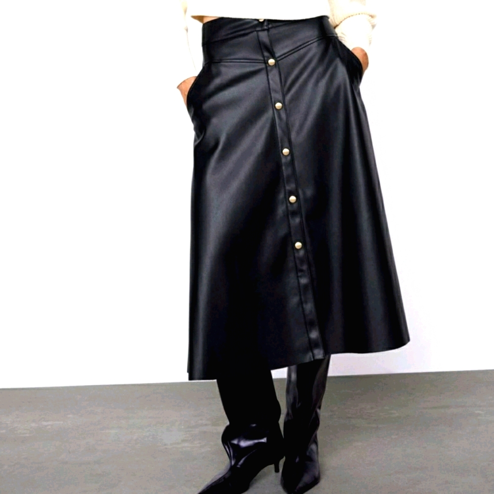 ZARA FAUX LEATHER MIDI SKIRT BLOGGERS FAVORITE - Picture 8 of 12
